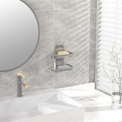 Moforoco Grey Double Soap Bar Holder for Shower, No Drilling, 304 Rustproof Stainless Steel, Wall Mounted Soap Holder with 4 Hooks and Razor Holder, Shower Rack Soap Tray Bar Soap for Bathroom
