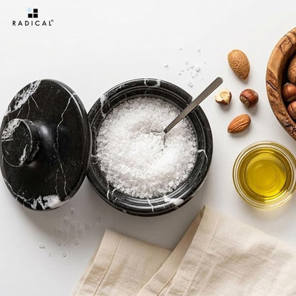 Radicaln Marble Salt Cellar with Lid 4" Inch Black Handmade Table Salt Container & Sugar Bowl For Kitchen Countertop, Ideal Salt Dish & Salt Jar for Celtic Salts