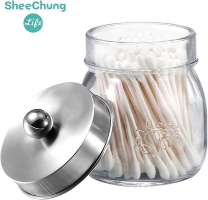 SheeChung 4 Pack Apothecary Jars with Lids, Bathroom Organizers and Storage, Qtip Holders Set, Bathroom Decor, Small Mason Jars for Q-tips, Cottons, Floss, Balls, Cotton Swabs-Brushed Steel