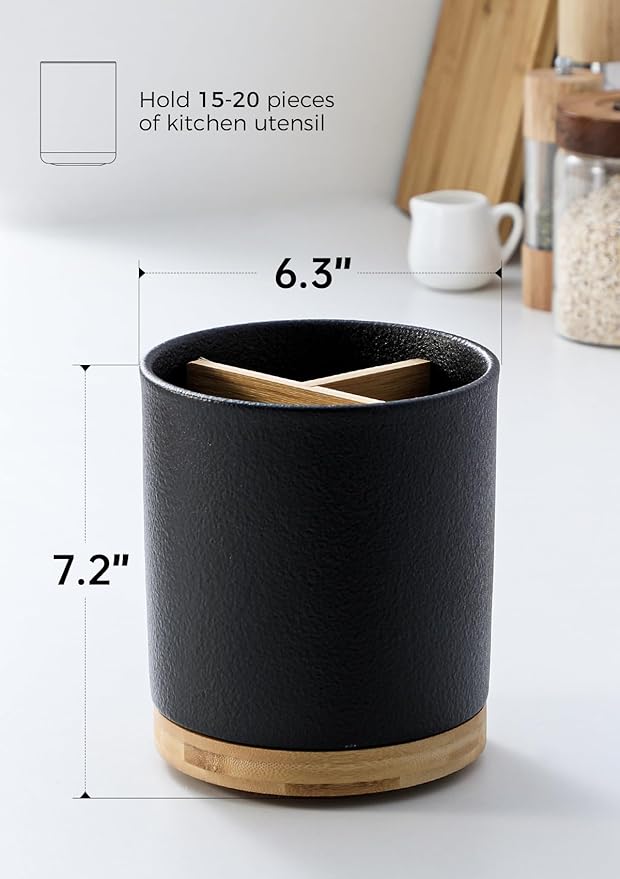 LoeJan 3 Compartment Utensil Holder, Extra Large Utensil Crock, Stable Ceramic Utensil Organizer, Cooking Tool Organizer Set for Kitchen Counter Farmhouse Decor,Textured Black