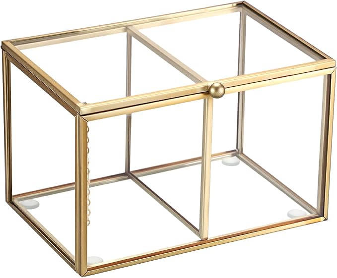 Hipiwe 2 Slots Glass Qtip Holder Gold Q-tip Storage Box with Lid Bathroom Accessories Container for Cotton Balls Cotton Swab Holder Rectangular Vanity Countertop Organizer