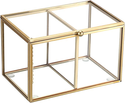 Hipiwe 2 Slots Glass Qtip Holder Gold Q-tip Storage Box with Lid Bathroom Accessories Container for Cotton Balls Cotton Swab Holder Rectangular Vanity Countertop Organizer