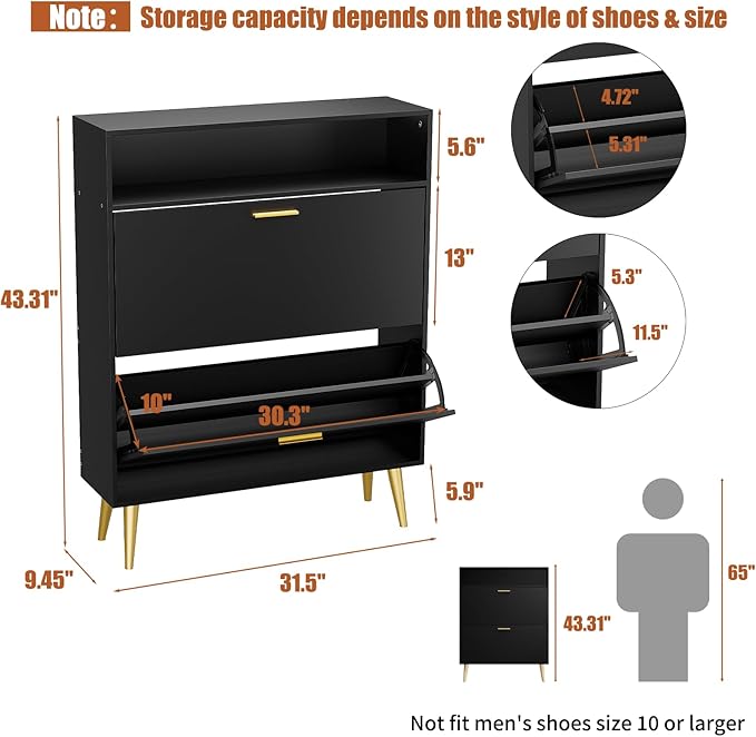 JOZZBY Shoe Cabinet for Entryway, Narrow Shoe Storage Cabinet with 2 Flip Drawers, Freestanding Hidden Shoe Rack Storage with Open Shelves for Hallway, Living Room