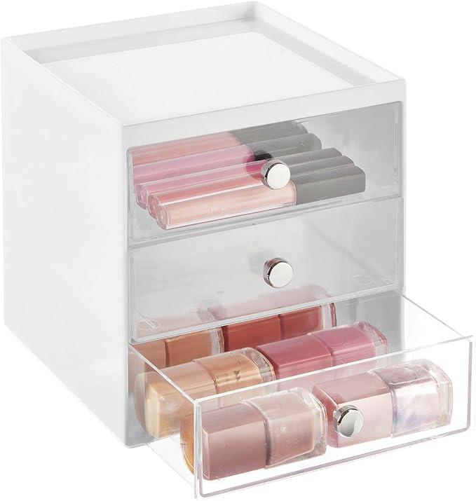 mDesign Makeup Organizer Storage Station Cube with 3 Drawers for Bathroom Vanity, Cabinet, Countertops - Holds Lip Gloss, Eyeshadow Palettes, Brushes, Blush, Mascara - White/Clear