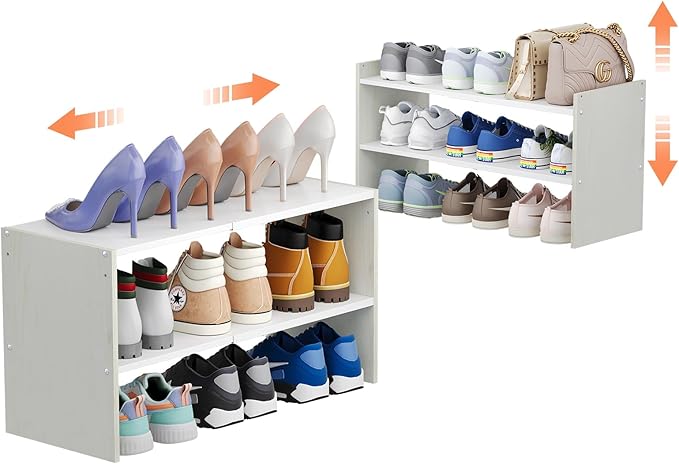 X-cosrack 2 Pack 2-Tier Shoe Rack Organizer for Closet, Expandable and Adjustable White Shoe Rack, Stackable Iron Wood Combination Shoe Storage Shelves for Closets, Entryway, Small Space, Garage