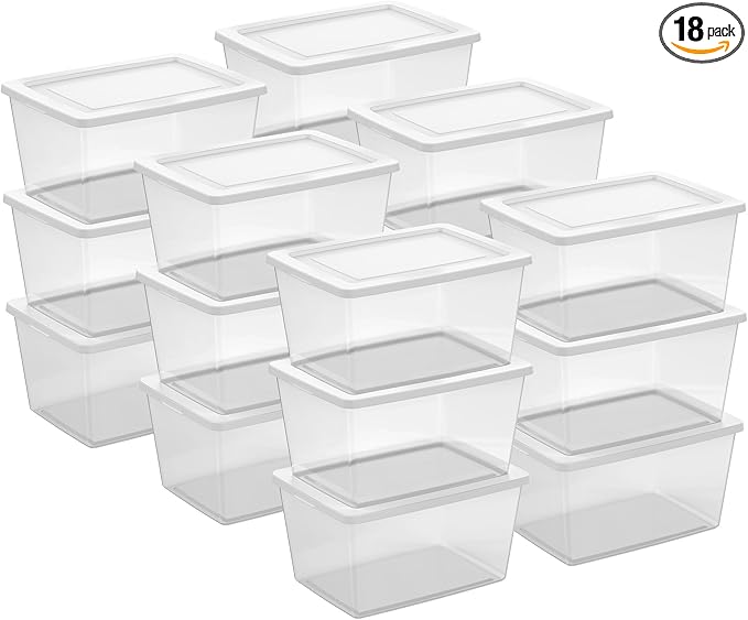 Sterilite 18 Pack Storage Boxes, Clear Plastic Stackable Containers, Lightweight Home Organizers with Snap Lids, 58 Quart, White