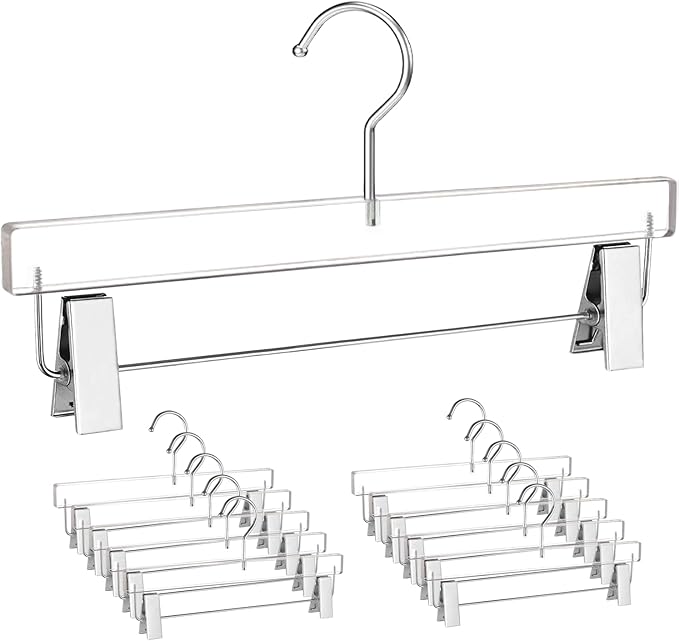 Besser Acrylic Pants Hanger 10 Pcs,Clear Acrylic Hangers with Bright Silver Clips，Lxurious Skirt Pants Hangers Clips for Clothing Closet Storage