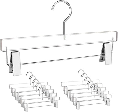 Besser Acrylic Pants Hanger 10 Pcs,Clear Acrylic Hangers with Bright Silver Clips，Lxurious Skirt Pants Hangers Clips for Clothing Closet Storage
