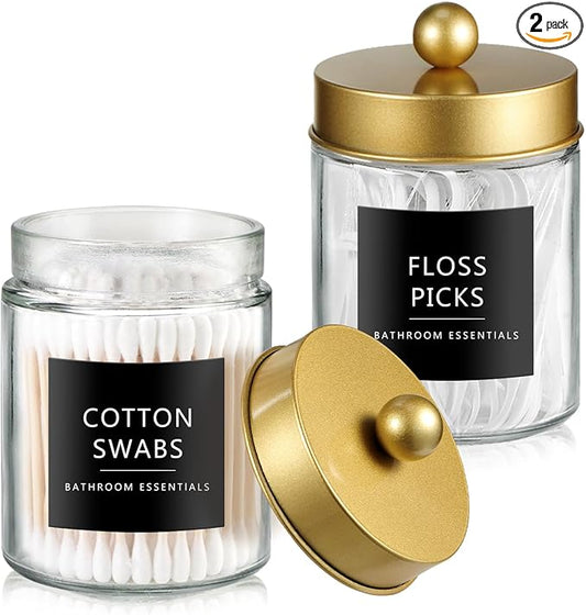 SheeChung Qtip Holder Dispenser for Bathroom Vanity Organizer and Farmhouse Decor - Stylish Glass Apothecary Jar with Stainless Steel Lid and Stickers,Bathroom Countertop Storage Canister(Gold,2Pack)