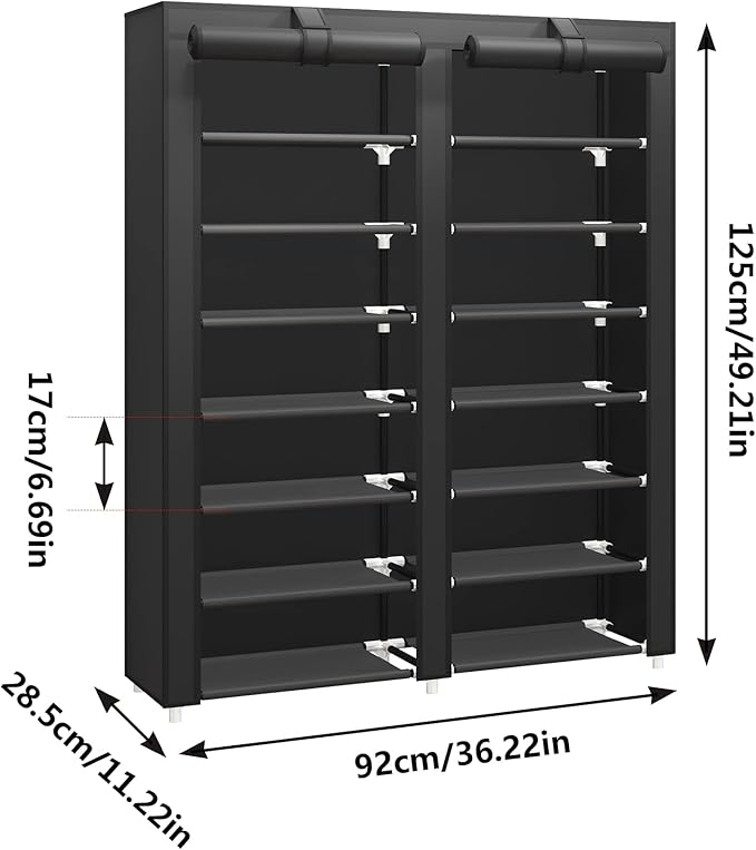 JIUYOTREE 7-Tier Shoe Storage Organizer with Dustproof Cover - Closet Cabinet Shelf Holds up to 28 Pairs - For Doorway, Corridor, Balcony, Living Room - Black