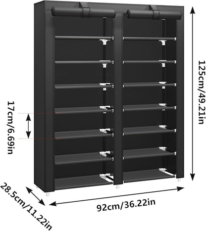 JIUYOTREE 7-Tier Shoe Storage Organizer with Dustproof Cover - Closet Cabinet Shelf Holds up to 28 Pairs - For Doorway, Corridor, Balcony, Living Room - Black