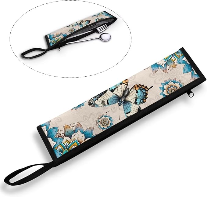 Portable Tableware Carrier Pouch Cutlery Bag Silverware Organizer Accessories for Travel Camp Party,Boho Mandala Floral Butterfly