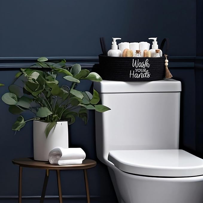 Wash Your Hands Bathroom Decoration Black Cotton Rope Toilet Basket Toilet Paper Holder Basket Rustic Bathroom Organizer Farmhouse Home Decoration Organizing Small Baskets