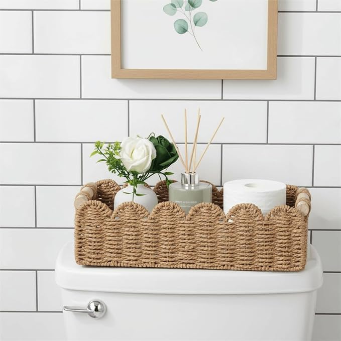CubesLand Paper Rope Scalloped Edge Toilet Paper Storage Basket, Small Living Room, Bedroom Decor Baskets for Over Toilet Storage Shelf, End Table, Shelves and More, with 2 Wooden Handle, Neutral
