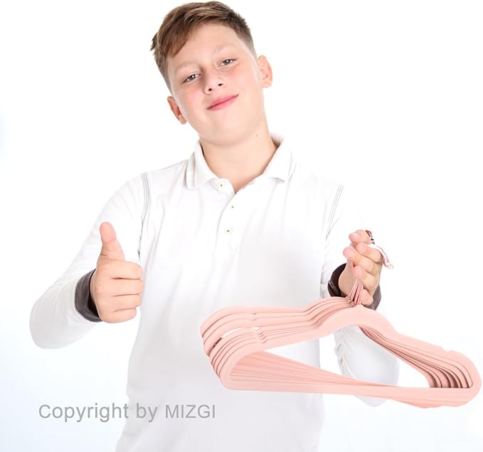 MIZGI Kids Velvet Hangers,Non-Slip Big Kids Hangers,14 Inch Hangers for Youth,Teen Clothes,Pack of 50（Blush Pink）