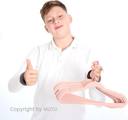 MIZGI Kids Velvet Hangers,Non-Slip Big Kids Hangers,14 Inch Hangers for Youth,Teen Clothes,Pack of 50（Blush Pink）