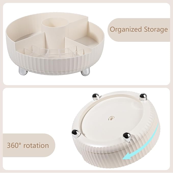 Anyoifax Makeup Perfume Organizer Tray with Divider 360 Degree Rotating Lazy Susan Skincare Lotion Organizer Spinning Cosmetics Storage for Dresser, Vanity, Bathroom Countertop, Large Beige