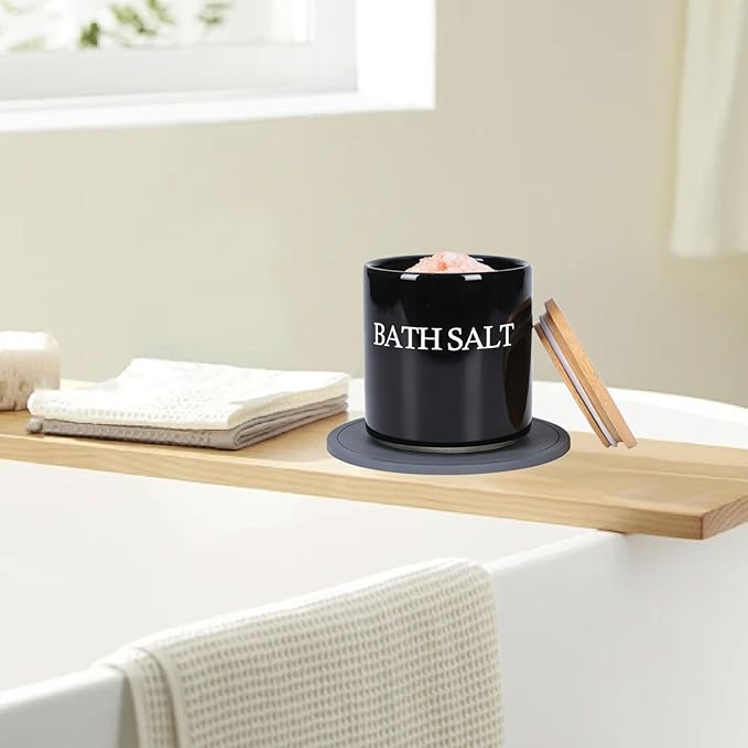 29oz Airtight Ceramic Bath Salt Jar Set - with Wooden Lid, Scoop & Anti-Slip Mat, Opaque Bathroom Storage Organization for Epsom Salt, Spa & Bath Bombs, Black-S