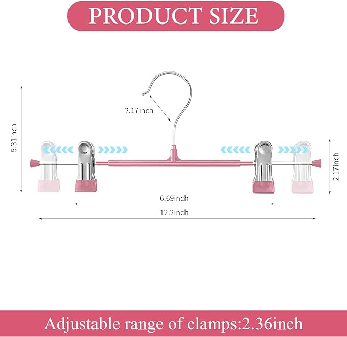 30PACK Pants Hangers with Clips Adjustable Skirt Hangers for Women Metal Non-Slip Trousers Hanger Heavy Duty Space Saving Clothes Hanger for Shorts,Jeans,12Inch,Pink