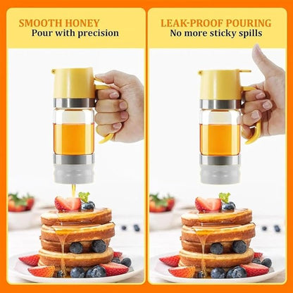 No Drip Honey Dispenser,12oz Glass Honey Dispenser with Stand,Easy One Hand Use Hon-ey Pot for Syrup, Hon-ey Container,Ho-ney Jar with Handle for Coffee or Tea