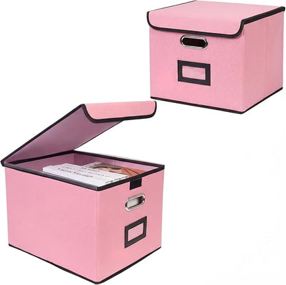 File Storage Box with Lid, 15.55x12.87x10.43 Inches, Foldable Organizer with Handles & Label Slot, for File Storage, Home, Office, and Closet Organization(2 Packs, Pink)