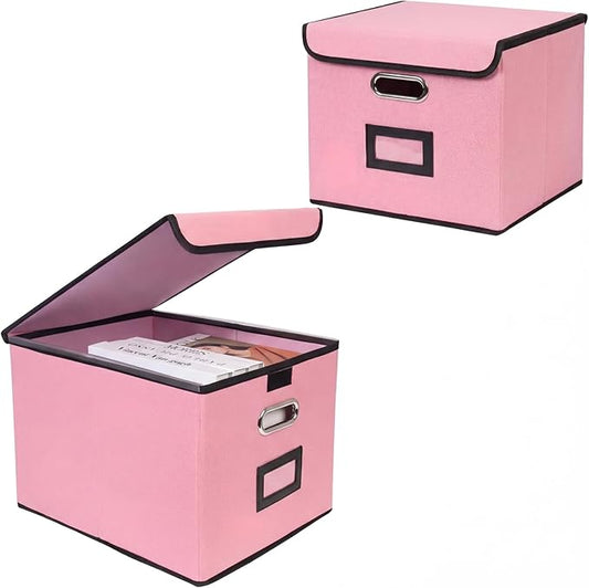 File Storage Box with Lid, 15.55x12.87x10.43 Inches, Foldable Organizer with Handles & Label Slot, for File Storage, Home, Office, and Closet Organization(2 Packs, Pink)