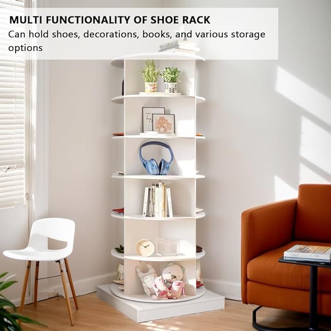 Rotating Shoe Rack Tower, 360-Degree Circular Storage Organizer for Shoes and Handbags, Vertical Space-Saving Cabinet for Entrance Hall, Independent Rotating Shoe Shelf （A-White）