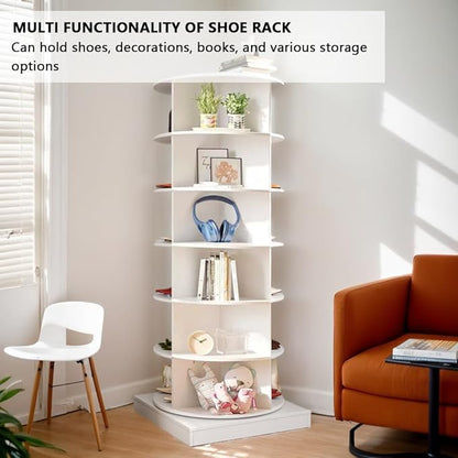 Rotating Shoe Rack Tower, 360-Degree Circular Storage Organizer for Shoes and Handbags, Vertical Space-Saving Cabinet for Entrance Hall, Independent Rotating Shoe Shelf （A-White）