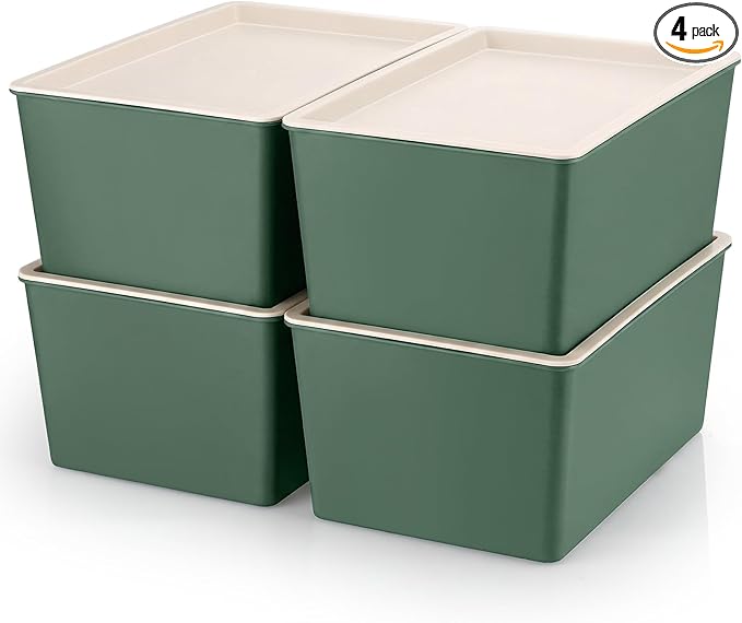 Menkxi 4 Pcs Storage Bins with Lids Plastic Stackable Containers for Organizing Shelves Christmas Ornament Box Baskets(Green,Large)
