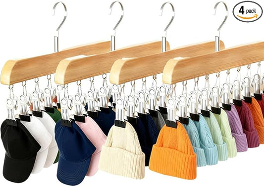4 Pack Hat Hangers for Closet Display, Wooden Hat Storage Organizer with 40 Metal Clips for Baseball Caps, Summer Hat Rack for Beanie, Skullies, Visors, Natural Wood Color
