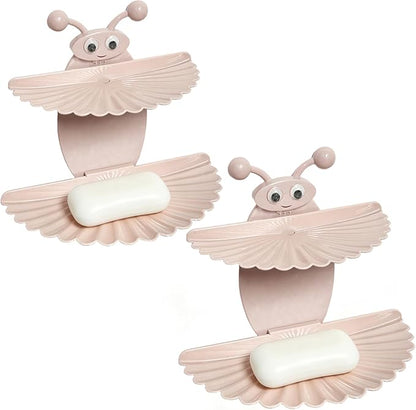2PCS Double-Deck Soap Dish Holder for Shower, Bee Shape Wall Mounted Soap Holder with Strong Adhesive, Self Draining Soap Tray, No Drilling Bathroom Accessories, Nordic Pink