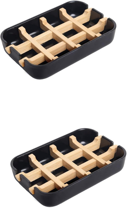 2 Pack Bamboo Fiber Soap Holder and Soap Dish Combination for Bathroom Bar Soap Holder Sink Deck Bathtub Shower Tray (Black)