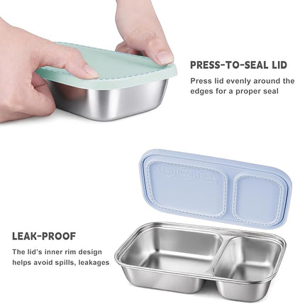 3 Pack Stainless Steel Snack Containers with Silicone Lids, 2-Compartment Snack Containers for Lunch, Office, Travel & Camping（Aqua, Blue, Grey