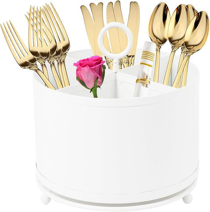 NelyBet 360°Rotating Silverware Caddy,4 Compartment Utensil Holder Countertop,Outdoor Silverware Organizer for Picnic Camping Party Metal Cutlery Caddy with Handle -White