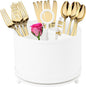 NelyBet 360°Rotating Silverware Caddy,4 Compartment Utensil Holder Countertop,Outdoor Silverware Organizer for Picnic Camping Party Metal Cutlery Caddy with Handle -White