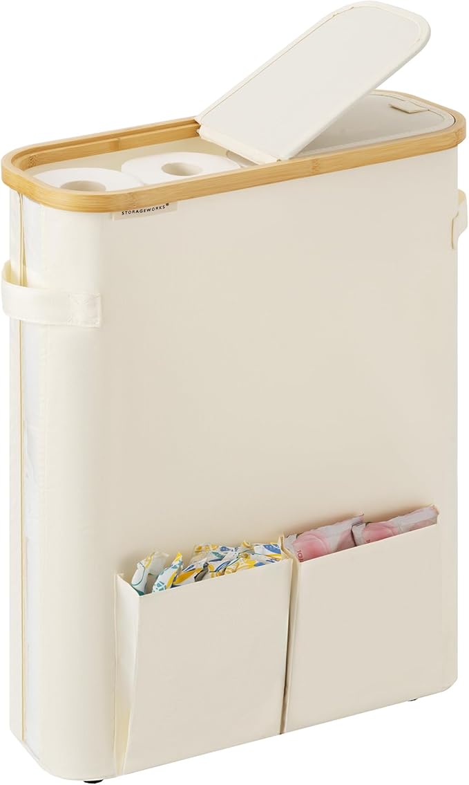 StorageWorks Toilet Paper Storage Baskets with Dual Flip Lids, Toilet Paper Organizer for Bathroom, Toilet Paper Container with Side Pocket, Holds 15 Mega or 20 Regular Rolls, Large, Beige