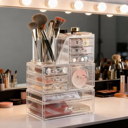 OTYMIOW 3 Tier Clear Acrylic Makeup Organizer Countertop with Brush Holder and 9 Drawers, Bathrooms, Stackable Large Makeup Organizer for Store Skincare, Brushes, Hair Accessories