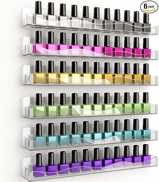 YMVV Clear Acrylic Nail Polish Rack Wall Mounted Shelf,6 Pack Organizer with Unique Wavy Lines,Nail Supplies for Techs,Great Display Salons Retailers