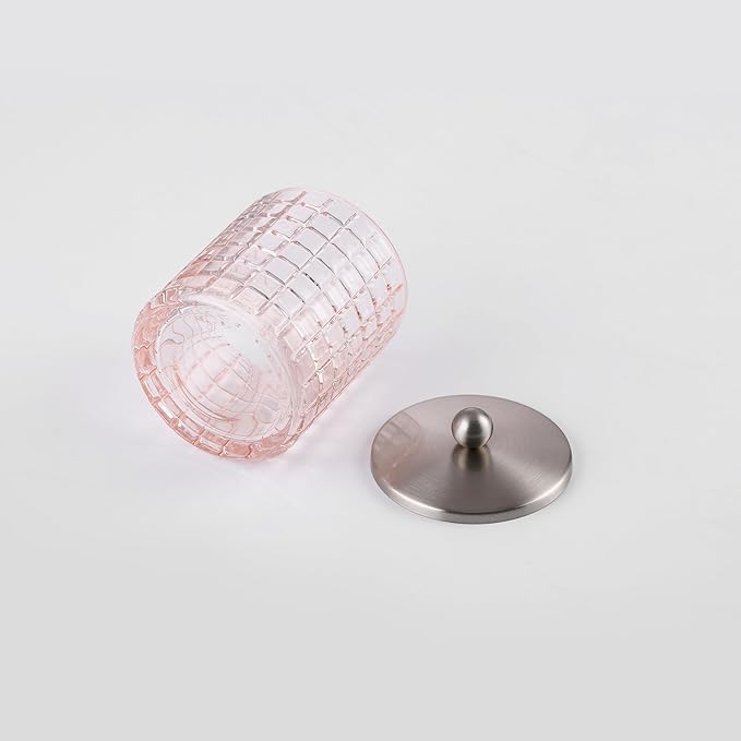 Blush Colored Tranlucent Apothecary Etched Geometric Grid Glass Jar W/ Nickel Metal Lid Cover for Bathroom Organization, Cotton Balls, Q Tips, and Small Accessories, Bathroom Storage