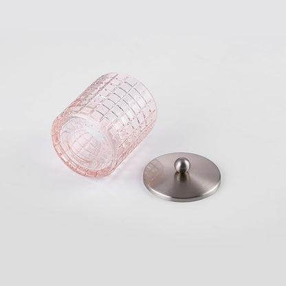 Blush Colored Tranlucent Apothecary Etched Geometric Grid Glass Jar W/ Nickel Metal Lid Cover for Bathroom Organization, Cotton Balls, Q Tips, and Small Accessories, Bathroom Storage