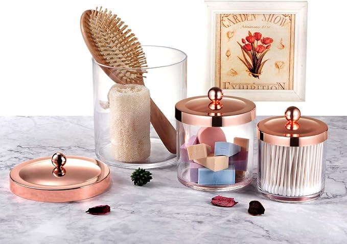 SheeChung 3-Pack Plastic Apothecary Jars with Rose Gold Metal Lids - Large 50oz, 25oz & 15oz Acrylic Storage Set - Shatterproof Laundry Room & Bathroom Organizer - Modern Minimalist Chic Decor