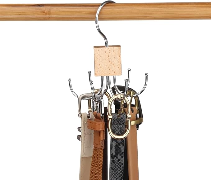 Belt Hanger, 2Pcs Belt Organizer for Closet 360°,Rotatable Max 48 Belt Storage Rack Space Saving Storage Rack for Belt, Bra, Tank Top, Tie, Scarf(Wood Color)