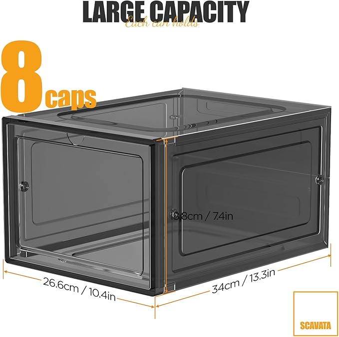 SCAVATA Hat Organizer Box, Stackable Clear Baseball Caps Holder Box Containers with Magnetic Door for Hats Snapback Cap Storag, Hat Rack Display Case, Holds 8 Hats Each (Black, 4 Pack)