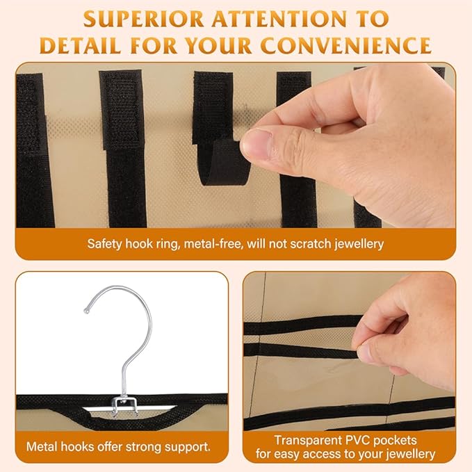 Hanging Jewelry Organizer 1 pack, Double-Sided,Multi-pocket-48 Pockets + 8 hook for Earrings/Necklaces/Rings/Bracelets, Sturdy Hooks fits Closet/Wall/Door, Gift for Women