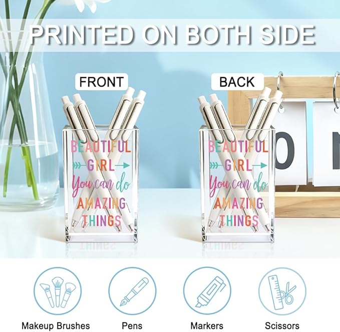 Beautiful Girl You Can Do Amazing Things Acrylic Cosmetic Holder, Inspirational Makeup Brush Holder Gifts, Encouragement Gifts for Teens Women, Bathroom Vanity Storage for Makeup Brushes
