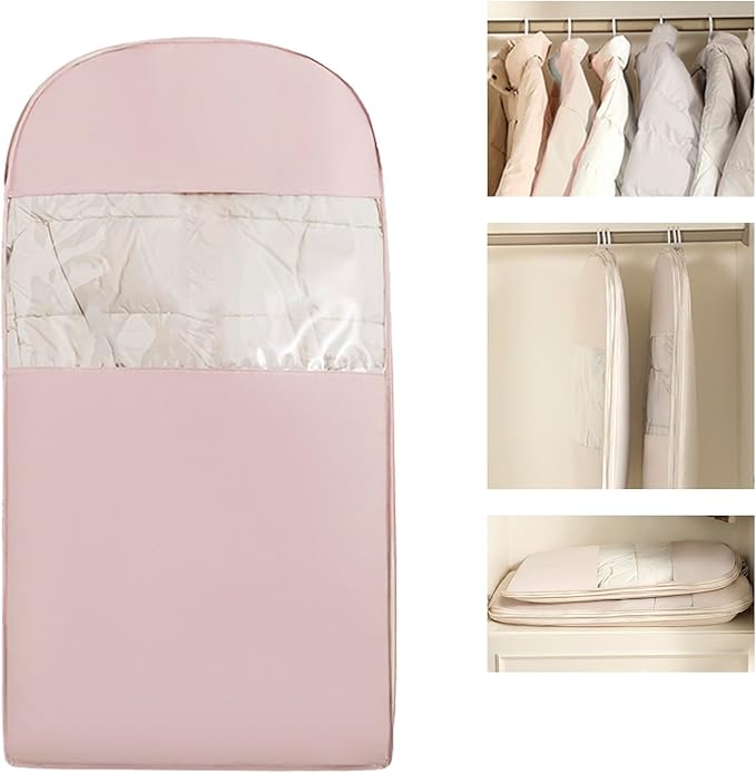 Space Saving Hangable Garment Bag with Self Compression Zipper - Organizer for Closet(Pink，M)