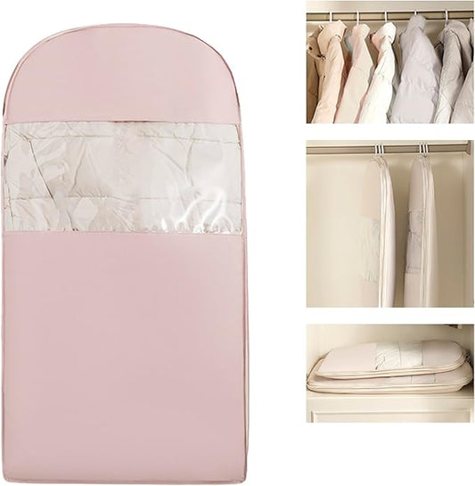 Space Saving Hangable Garment Bag with Self Compression Zipper - Organizer for Closet(Pink，M)