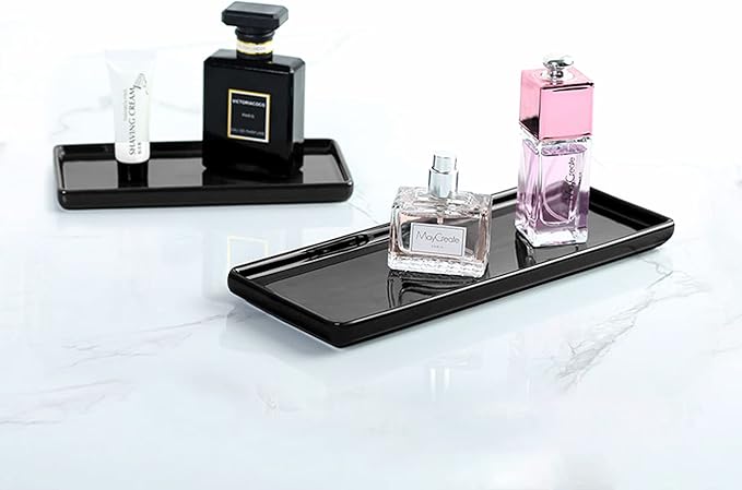 Black Ceramic Vanity Tray, Small Rectangle Tray, Counter Tray for Kitchen Sink, Marble Bathroom Tray, Organizer for Candle, Soap, Jewelry, Perfume, Towel Holder for Decoration Bedroom(Large)