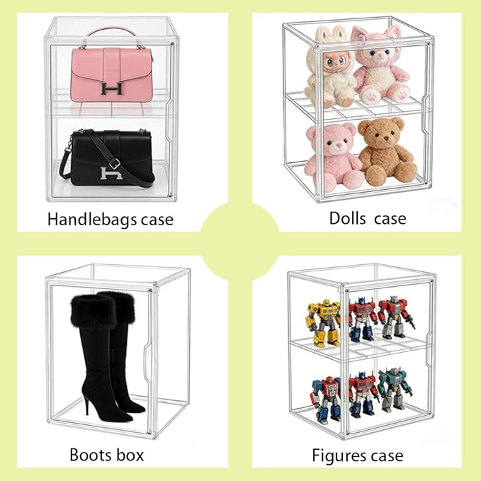 X-Large Clear Display Case for Collectibles, Acrylic Box, Storage Bins with Magnetic Lid and Stackable Design, 3 Adjustable Layers, Display Box for Figure, Lego, Shoes, Purses, Cosmetics