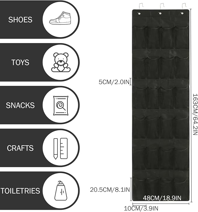 Black Shoe Hanger for Door 24 Mesh Pocket Over the Door Shoe Organizer Space Saving Hanging Storage Holder with Hooks 64x19 Inch